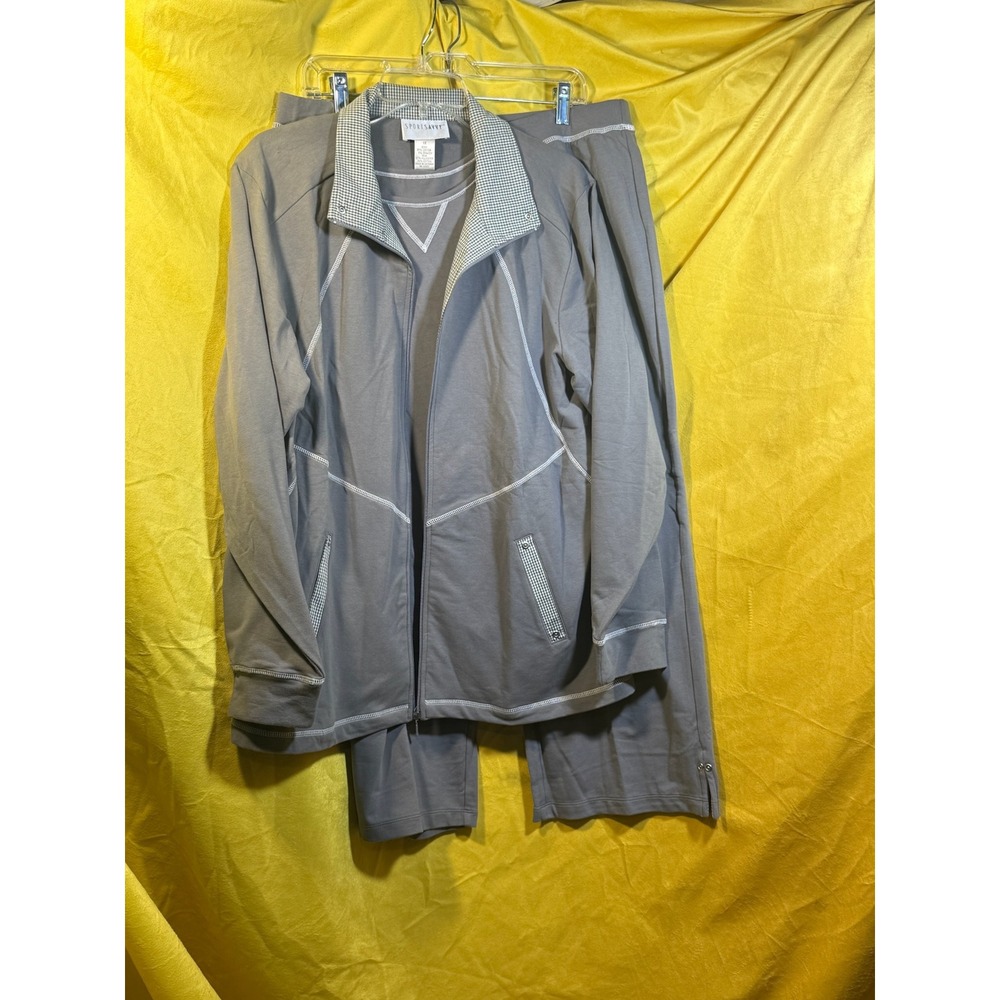 Sport Savvy 3pc Tracksuit Set Gray White Contrast Stitch Jacket Tank Pants 1X